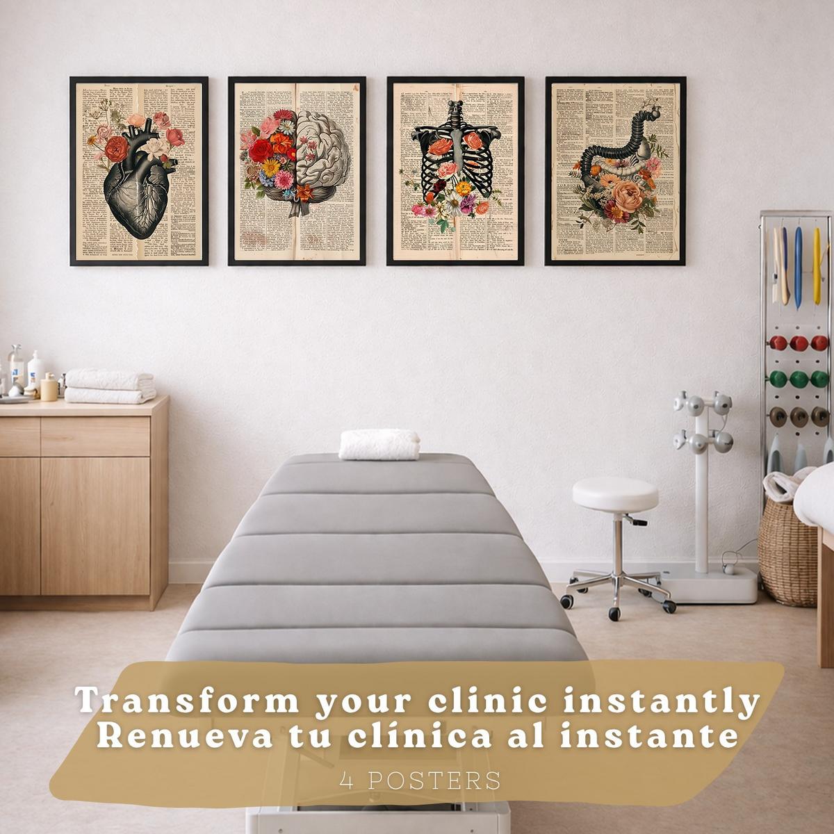 POSTER Set aus 4 Anatomie Drucke und Wandbilder mit Herz Gehirn Skelett und Darm Antiker Hintergrund Wanddekoration Größe Schwarzer Rahmen A3 - Schwarz, Papier (29.7/42/3cm) - Nacnic