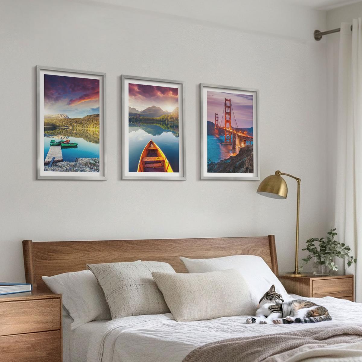 BILDER SET 3er Set - 40x60 cm Silberner Rahmen - Bergblick auf den See und die Brücken - Silberfarben, Kunststoff (40/60cm) - TULUP