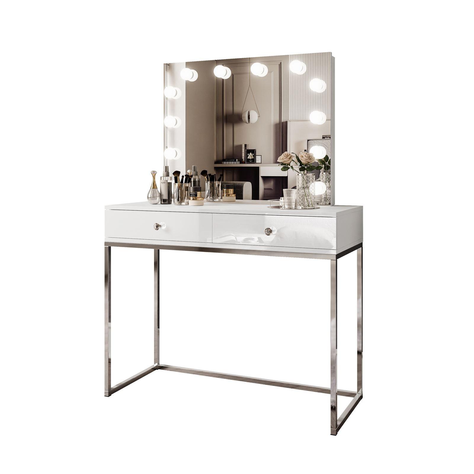 SCHMINKTISCH BLANCO GLAMOUR ELITE mit Spiegel und Beleuchtung Weiß Hochglanz Kristallgriff - Weiß Hochglanz/Silberfarben, Holzwerkstoff (100/146/42cm) - Lookway