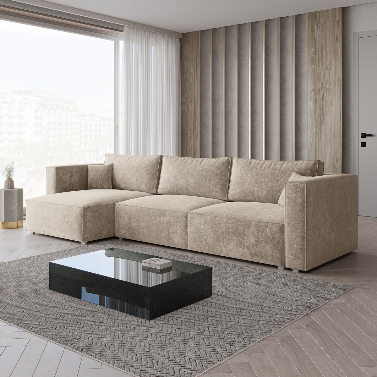 ECKSOFA TOLMO LM Creme Chenille mit Schlaffunktion - Creme, Holzwerkstoff/Textil (347/148cm) - MASSENO