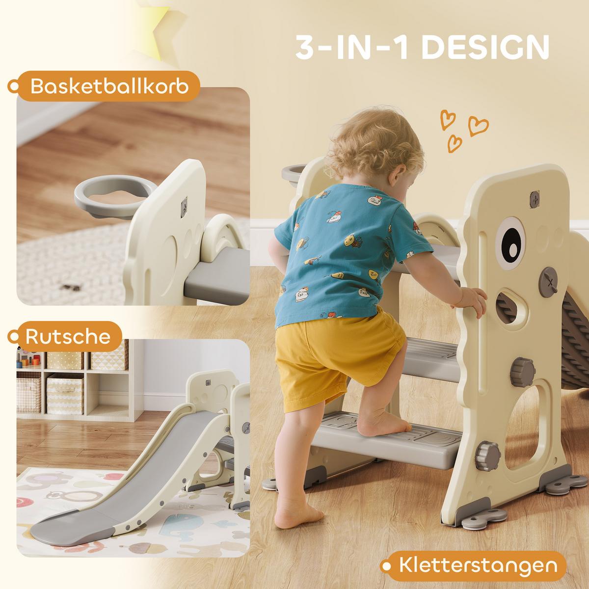 KINDERRUTSCHE 3 in 1 klappbar Kleinkinderrutsche mit Basketballkorb, Schnallen - Creme, Kunststoff (52/65/146cm) - AIYAPLAY