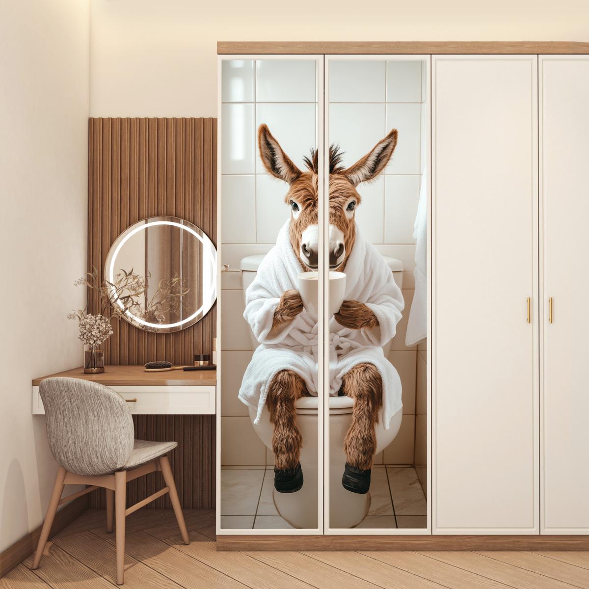 TÜRAUFKLEBER Esel - WC - Lustig - Bademantel - Tier 90x235 cm - Türtapete - Beige, Kunststoff (90/0.1cm) - MuchoWow