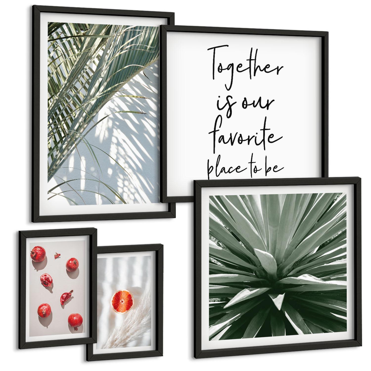 BILDER SET 5er Set - 50x50 cm & 20x30 cm & 40x60 cm Schwarzer Rahmen - Feiertags-Palmenfrucht-Inschrift - Schwarz, Kunststoff (40/60cm) - TULUP