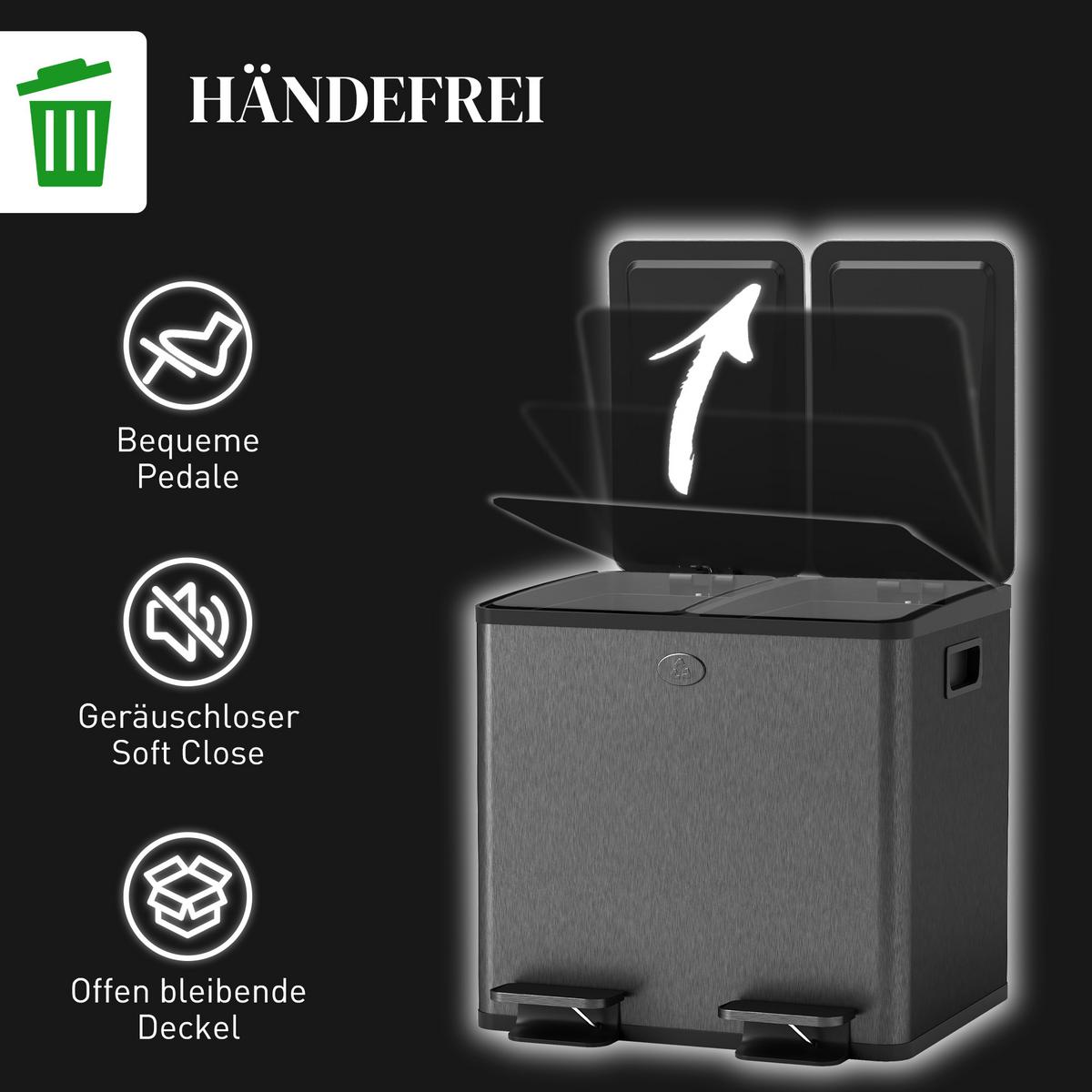 MÜLLEIMER 2 x 15L Mülltrennsystem Edelstahl mit Softclose Deckel Schwarz - Schwarz, Kunststoff (36.6/43.2/41.7cm) - HOMCOM