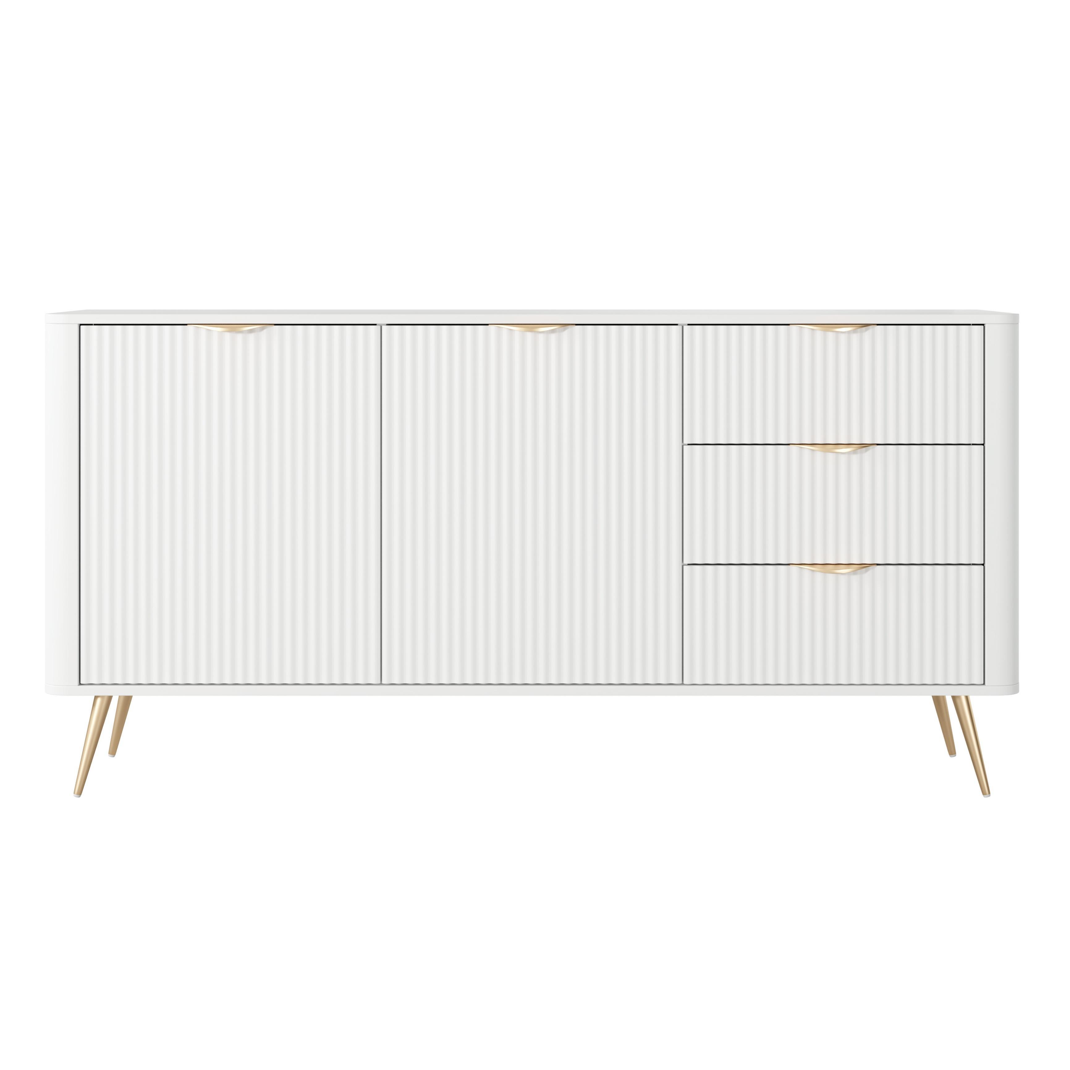 SIDEBOARD Vespasia 2T 3S Beige 163,2/81,2/38 cm – Geriffelte Fronten - Goldfarben/Weiß, Holzwerkstoff/Metall (163.2/81.2/38cm) - AX Living