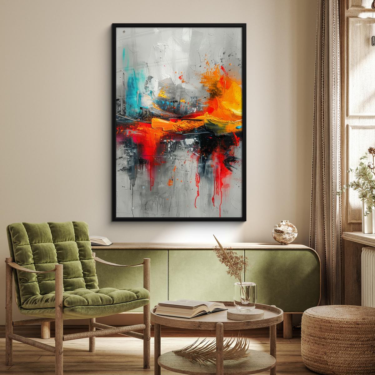 POSTER MIT RAHMEN Moderne Kunst - Orange - Grau - Abstrakt Bilderleiste 80x120 cm - Hellgrau, Papier (80/120cm) - MuchoWow