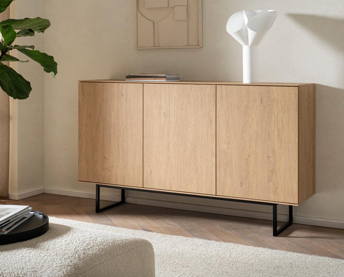 SIDEBOARD Stone Eiche 150 x 90 cm, Kommode mit Push-to-Open - Eichefarben/Schwarz, Holzwerkstoff/Metall (150/90/40cm) - Furn.Design