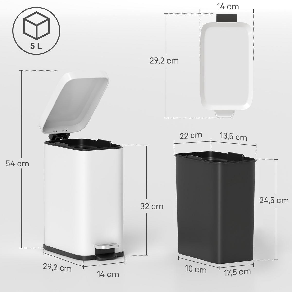 MÜLLEIMER 5L Treteimer Abfalleimer mit Deckel und Fußpedal für Wohnzimmer - Weiß, Metall (14/32/29.2cm) - HOMCOM