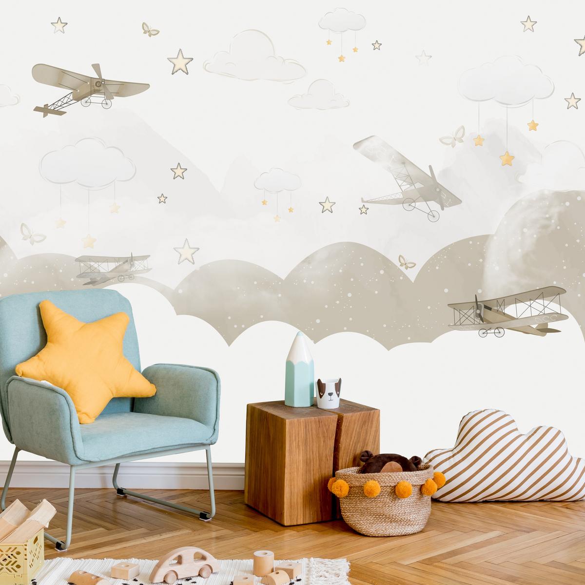 FOTOTAPETE für Kinderzimmer Flugzeuge Wolken Sterne Himmel 150x105 - Gelb/Beige, Papier (150/105cm) - Muralo