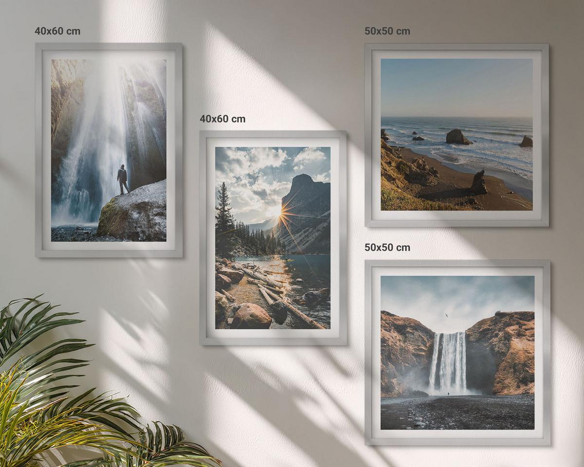 BILDER SET 4er Set - 50x50 cm & 40x60 cm Silberner Rahmen - Wasserfälle, Berge, Landschaften, Natur - Silberfarben, Kunststoff (50/50cm) - TULUP