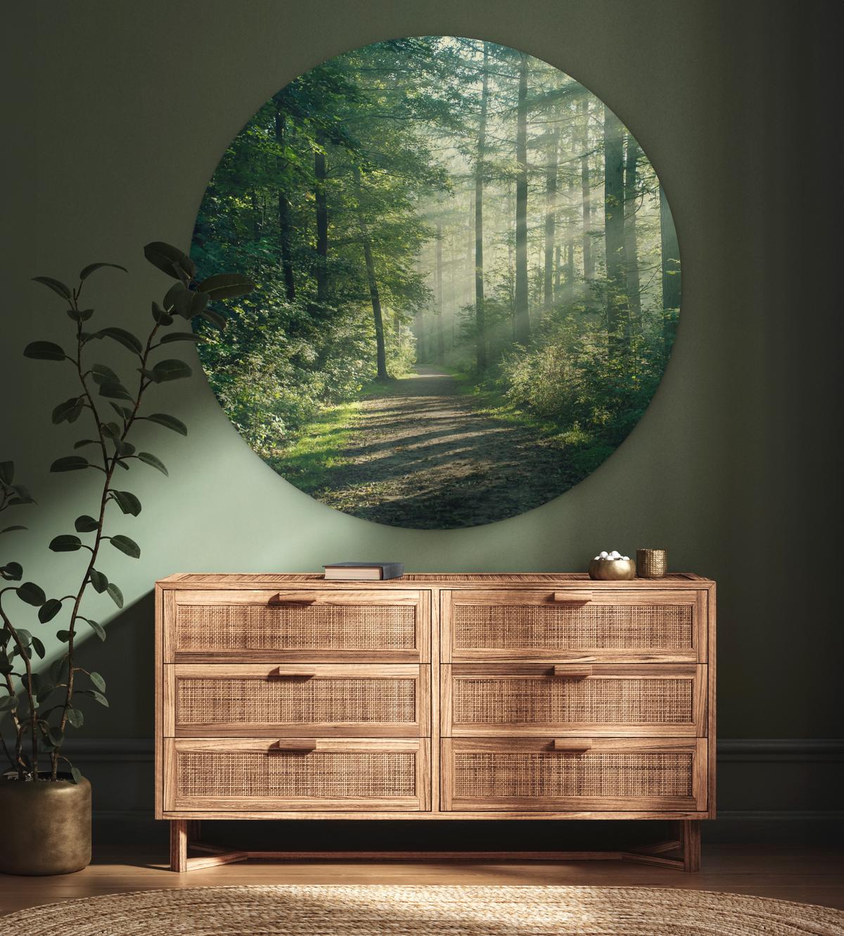 WANDBILD Wald - Weg - Sonne - Bäume - Grün - Natur Room Decor 140x140 cm - Waldgrün, Kunststoff (140/140cm) - MuchoWow