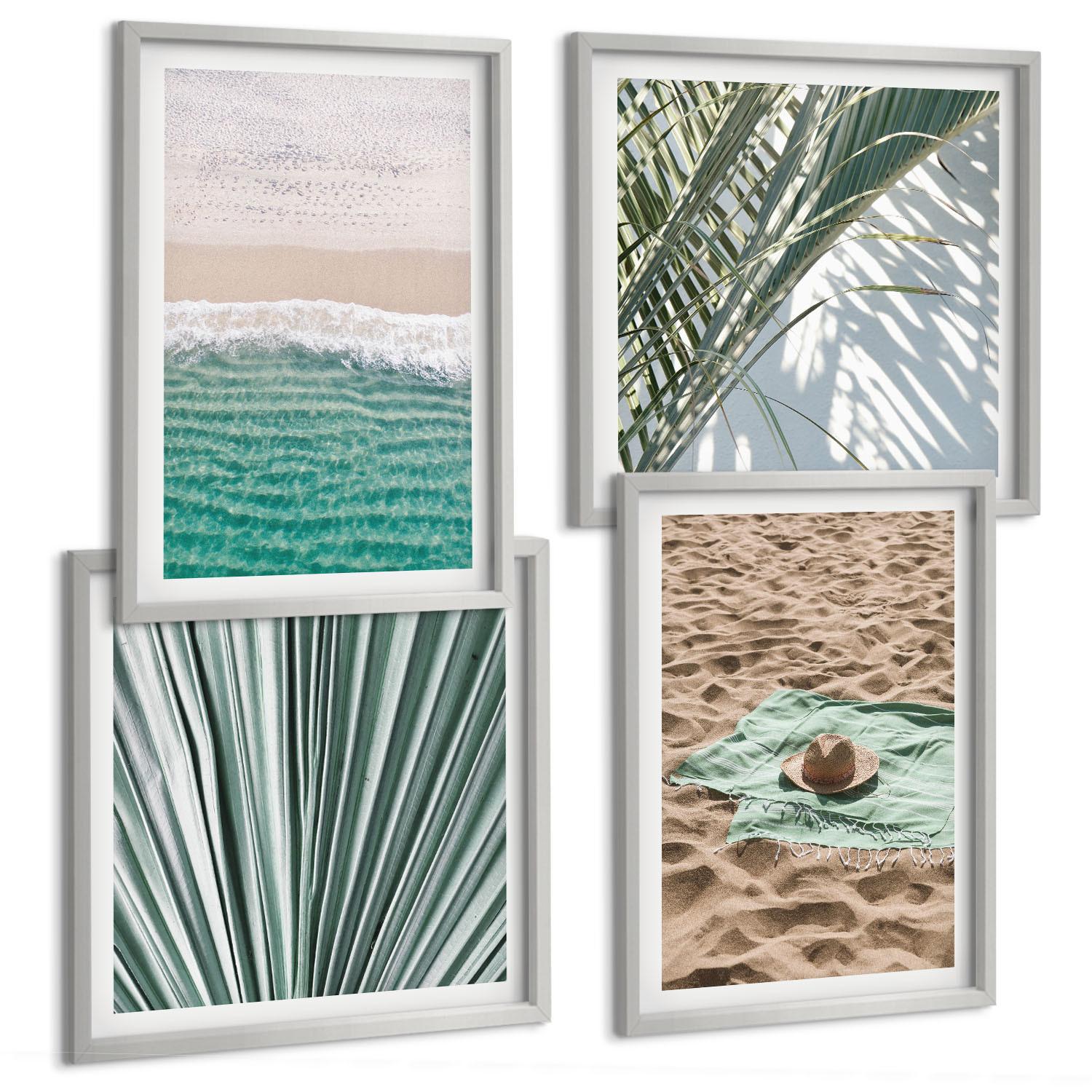 BILDER SET 4er Set - 50x50 cm & 40x60 cm Silberner Rahmen - Urlaubsblick Strand Meer - Silberfarben, Kunststoff (50/50cm) - TULUP