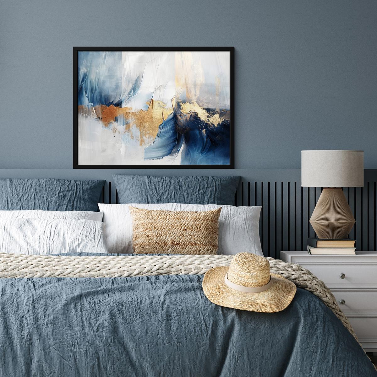 POSTER MIT RAHMENGERAHMTES BILD Gold - Blau - Aquarell - Kunst - Modern 80x60 cm - Hellblau, Papier (80/60cm) - MuchoWow