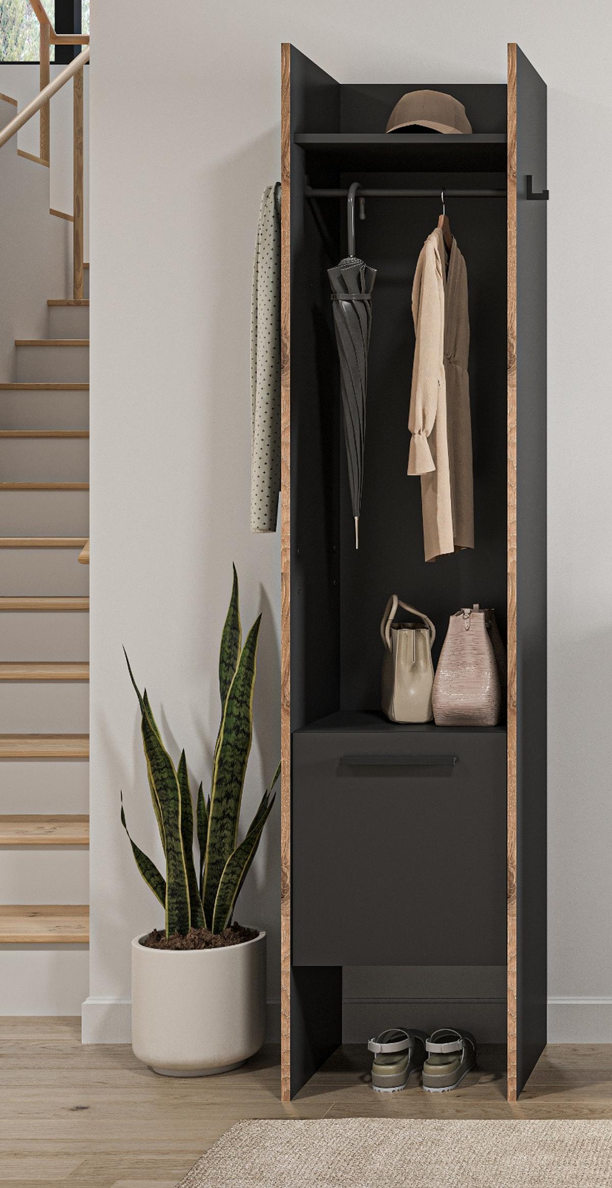 GARDEROBE grau und Nox Eiche, Kompaktgarderobe 42 x 189 cm, Salud - Dunkelgrau/Schwarz, Holzwerkstoff/Kunststoff (42/189/37cm) - Inn.Furn