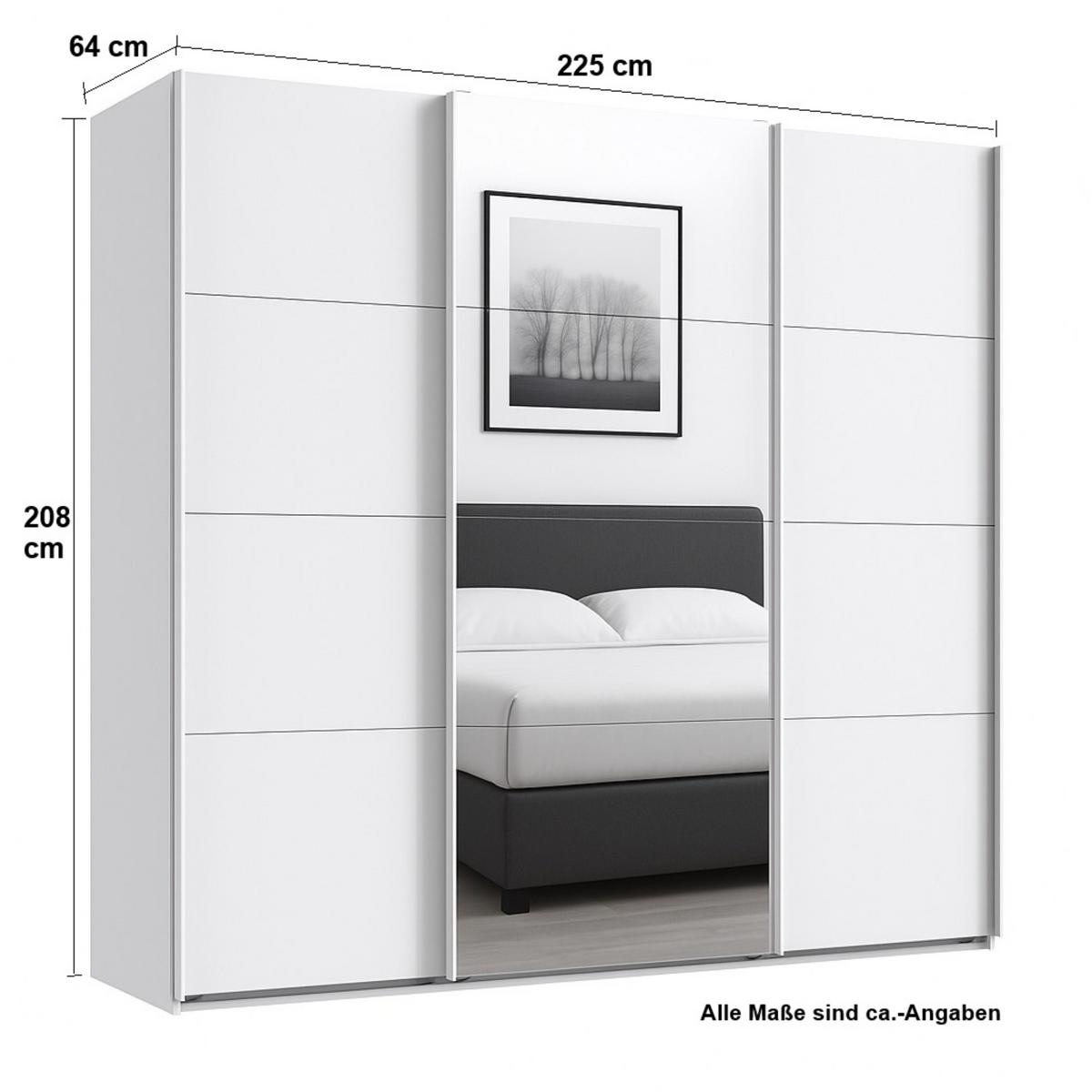 SCHWEBETÜRENSCHRANK 3-türig B225/H208/T64 cm in Weiß, Kleiderschrank mit einer Spiegeltür / 22518 - Edelstahlfarben/Weiß, Holzwerkstoff/Metall (225/208/64cm) - luma-home