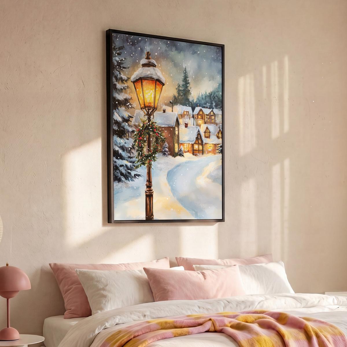LEINWAND Bilder mit Rahmen - Weihnachtsdorf - Häuser - Schnee - Weihnachten - 100x150 - Sandfarben, Textil (100/150cm) - MuchoWow