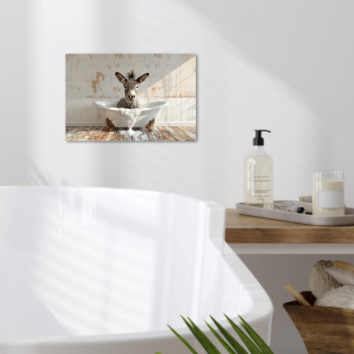 LEINWANDBILD Esel - Tiere - Badewanne - Schaumstoff Deko Schlafzimmer 30x20 cm - Weiß, Textil (30/20cm) - MuchoWow