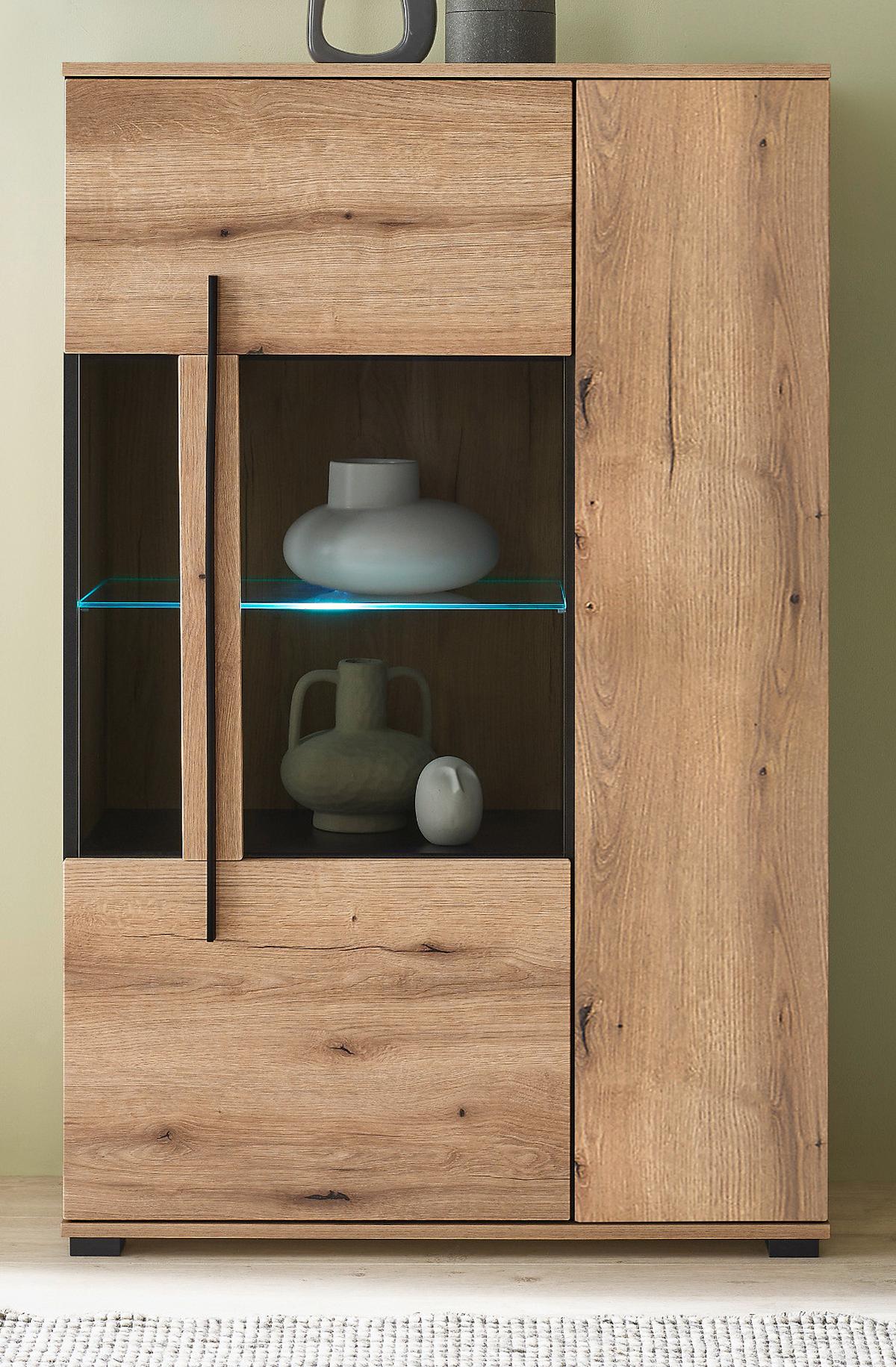 HIGHBOARD Eiche Evoke, Vitrine 90 x 140 cm mit LED Beleuchtung - Eichefarben/Schwarz, Glas/Holzwerkstoff (90/140/37cm) - Furn.Design