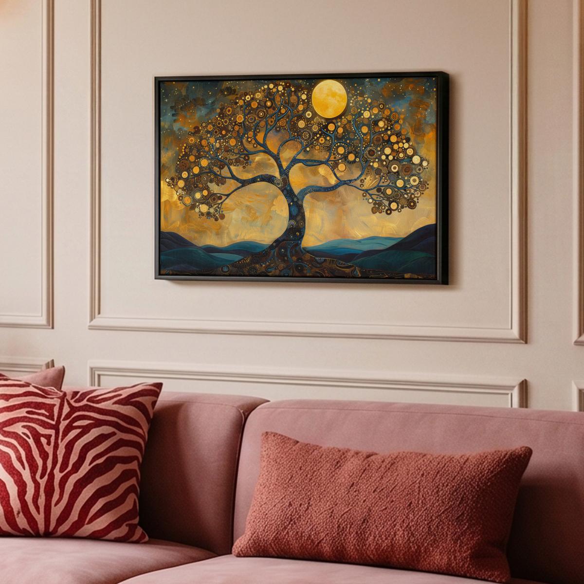LEINWAND Bilder mit Rahmen - Baum - Mond - Blumen - Gold - Kunst - 60x40 - Orange, Textil (60/40cm) - MuchoWow