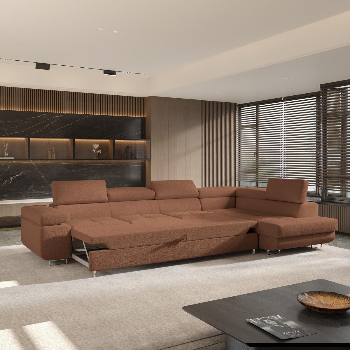 ECKSOFA VICENTE Kupferfarben Boucle-Stoff mit Schlaffunktion - Kupferfarben, Holz (346/202cm) - MASSENO