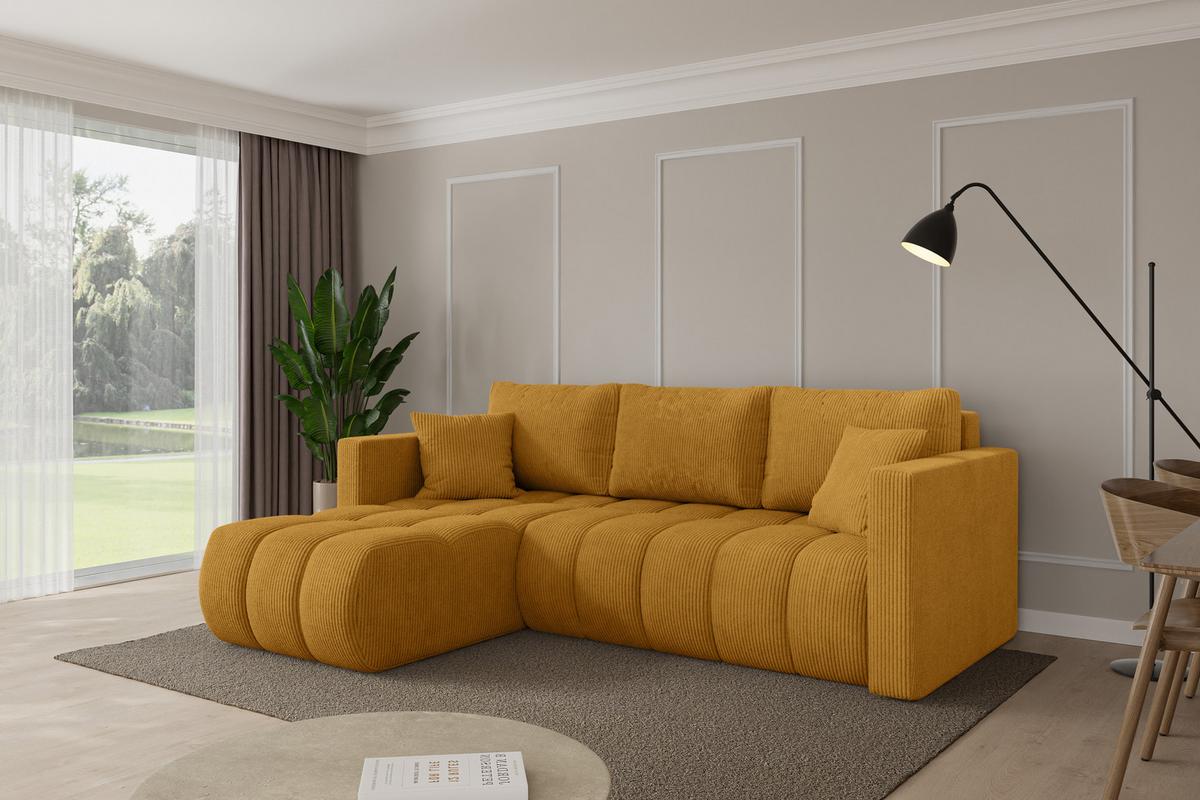 ECKSOFA mit Schlaffunktion Ottomane Links GARD-L 226x146x85 Senfgelb Cord - Dunkelgelb/Schwarz, Holzwerkstoff/Kunststoff (226/146cm) - ALTDECOR