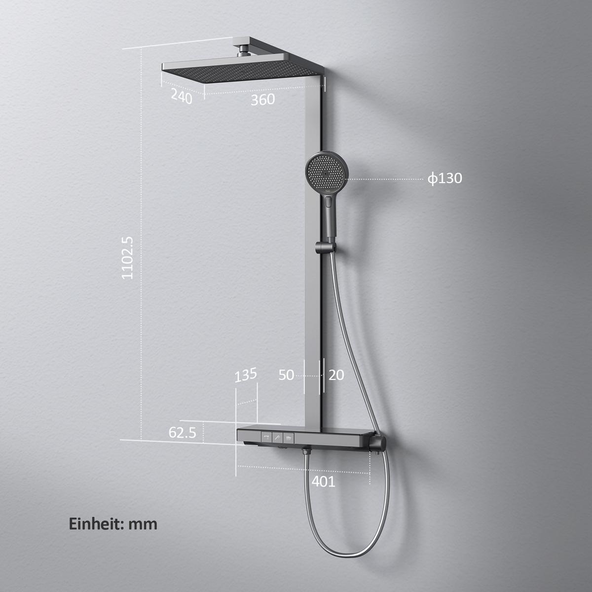 ÜBERKOPFBRAUSESET mit Thermostat 3 Auslässe Anthrazit 105/40,1/57,3 cm - Anthrazit, Metall (40/105/57cm) - EMKE