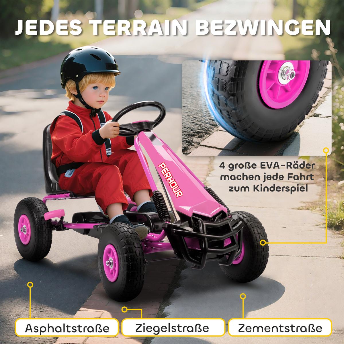 GOKART, Tretauto mit Handbremse, verstellbarem Sitz, Vor- und Rückwärtsgang - Rosa, Metall (110/61/62cm) - AIYAPLAY