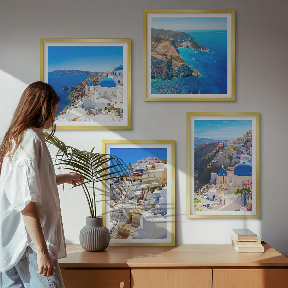 BILDER SET 4er Set - 50x50 cm & 40x60 cm Goldrahmen - Architekturlandschaft Oia Santorin Griechenland - Goldfarben, Kunststoff (50/50cm) - TULUP