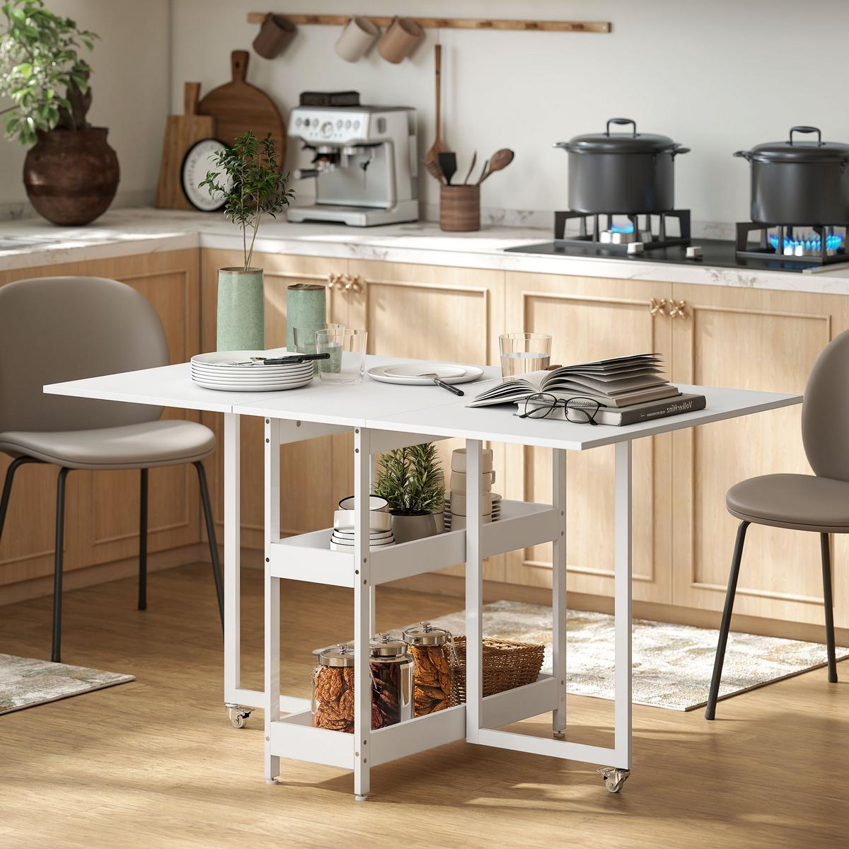 ESSTISCH Klappbar Küchentisch für 2-4 Personen mit 2 Offenen Ablagen, Rollen - Weiß, Holz (133.4/80/75cm) - HOMCOM