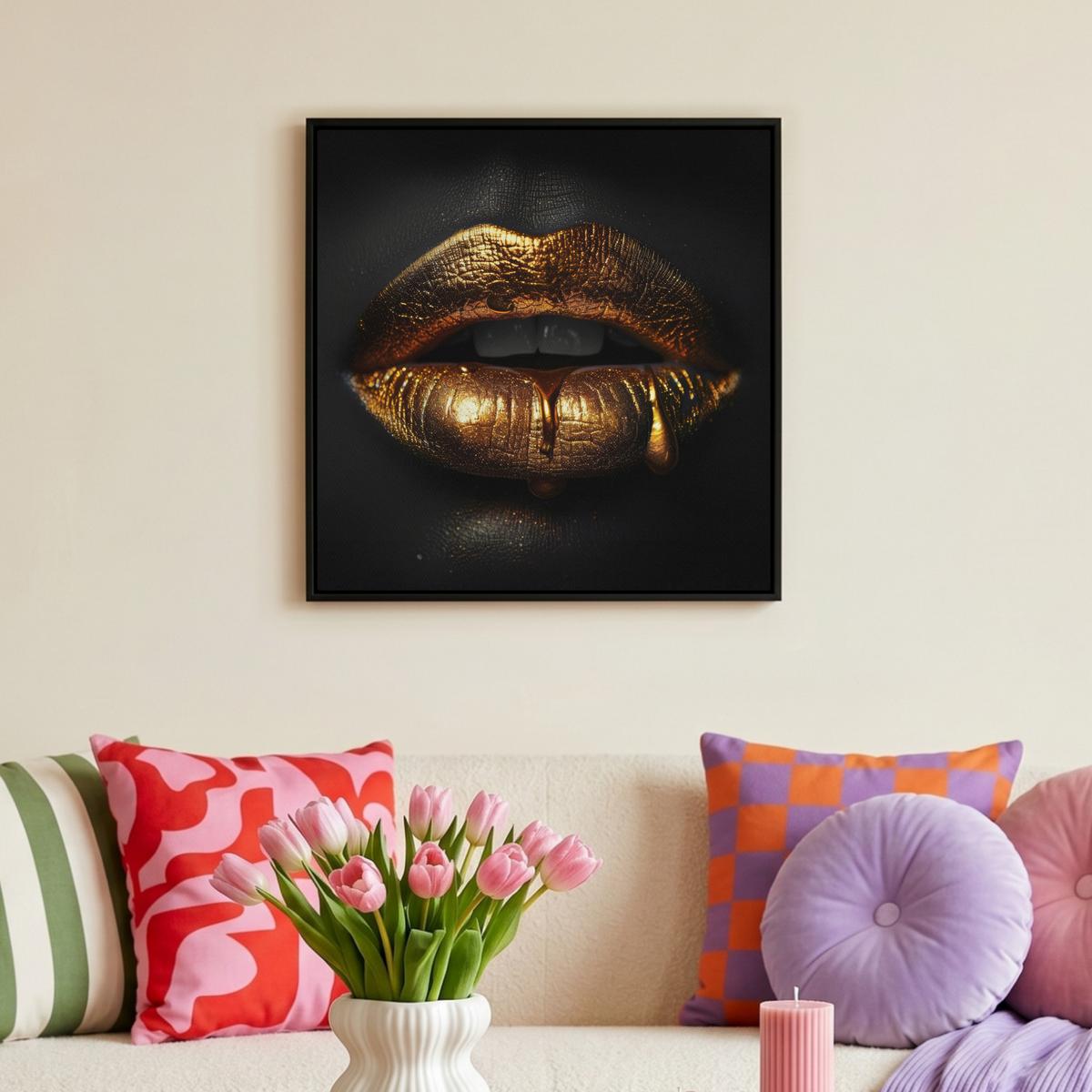 LEINWAND Bilder mit Rahmen - Frau - Porträt - Lippen - Gold - Schwarz - 50x50 - Schwarz, Textil (50/50cm) - MuchoWow