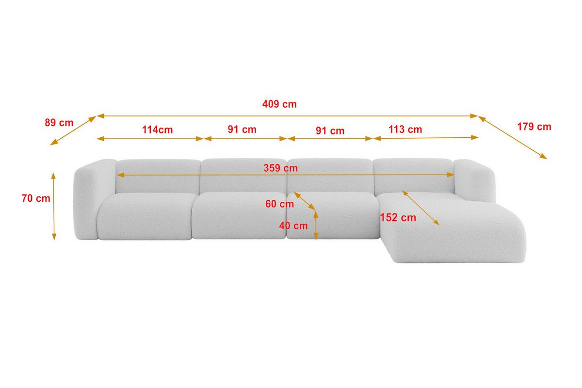 ECKSOFA Ottomane Rechts MIRA-L3 409x179x70 Hellgrau Bouclé - Silberfarben/Hellgrau, Holzwerkstoff/Kunststoff (409/179cm) - ALTDECOR