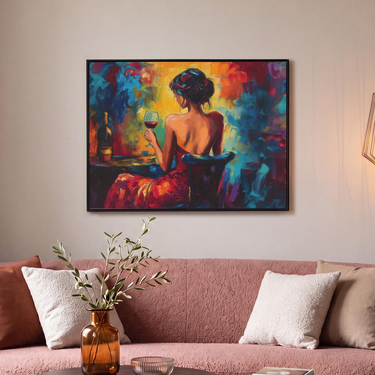 LEINWAND Bilder mit Rahmen - Wein - Frau - Stimmungsvoll - Farbenfroh - 70x50 - Bordeaux, Textil (70/50cm) - MuchoWow