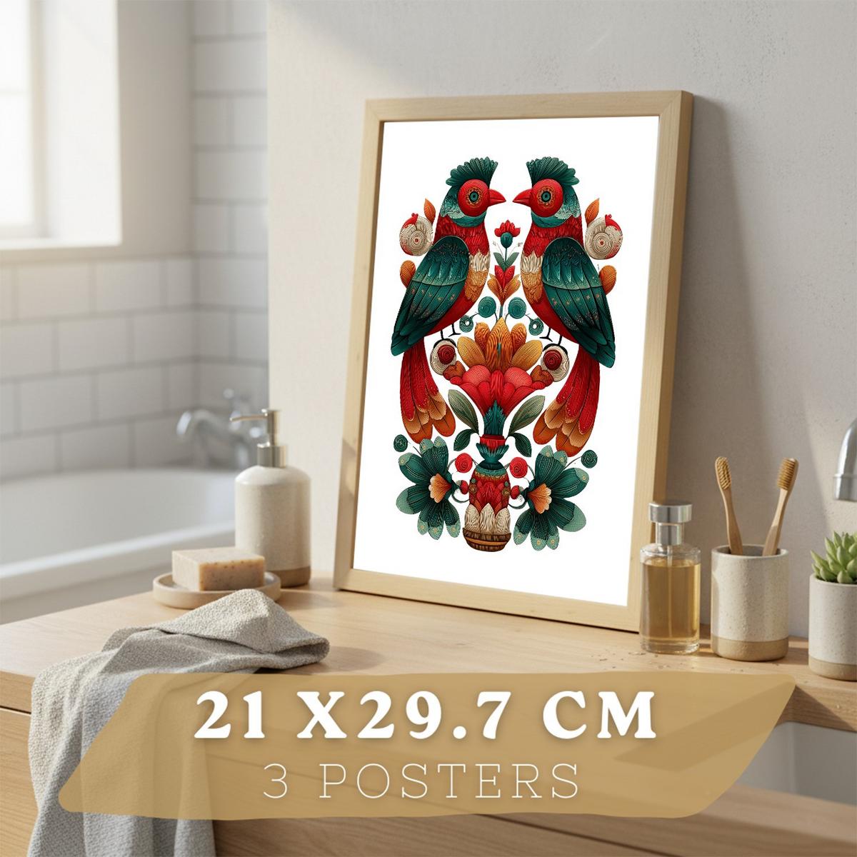 POSTER 3er-Set Kunstdrucke im Folk-Stil, dekorative Tier Blumenmotive, farbenfrohe Kunstposter für Zuhause, Badezimmer Leichter Holzrahmen A4 - Beige, Papier (29.7/21/3cm) - Nacnic