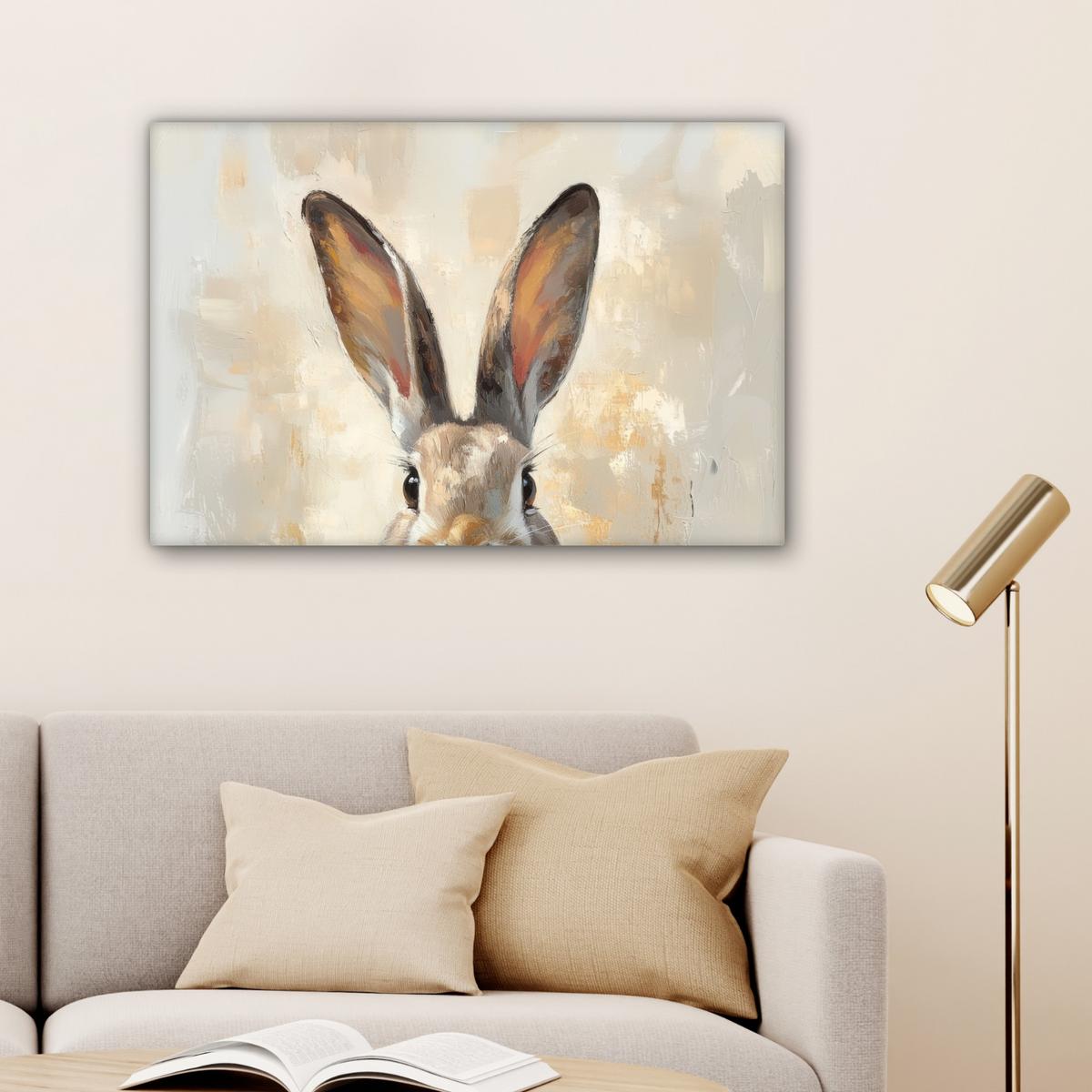 LEINWANDBILD Hase - Ohren - Braun Gemälde 60x40 cm - Beige, Textil (60/40cm) - MuchoWow