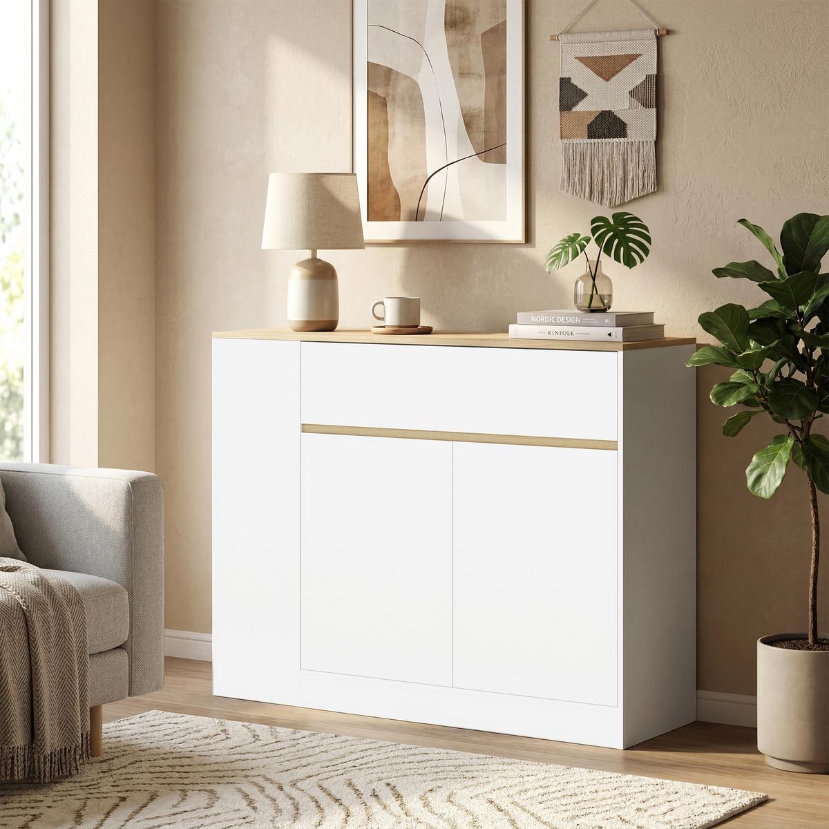 SIDEBOARD Küchenschrank mit Schublade, verstellbare Ablage, Aufbewahrungsschrank - Weiß/Naturfarben, Holz/Holzwerkstoff (30/81.2/106cm) - HOMCOM