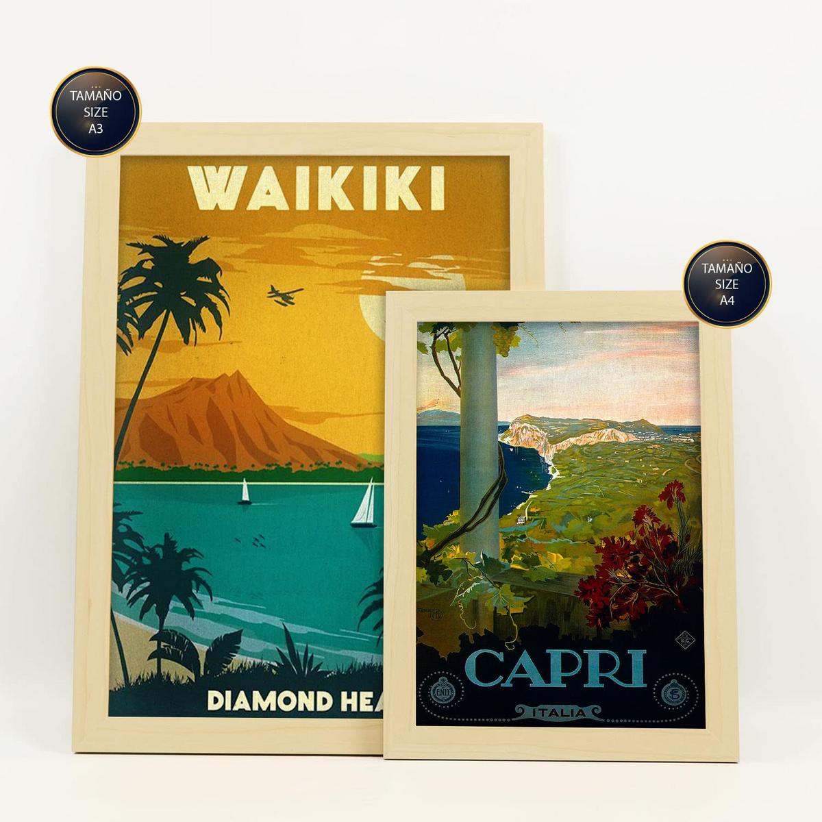 POSTER Set Mit 6 Strände & Kreuzfahrten Vollfarbige Illustrationen Von Vintage Tourismus Werbetafeln Aus Der Ganzen A3 & A4 Rahmen Aus Hellem Holz - Beige, Papier (29/3cm) - Nacnic