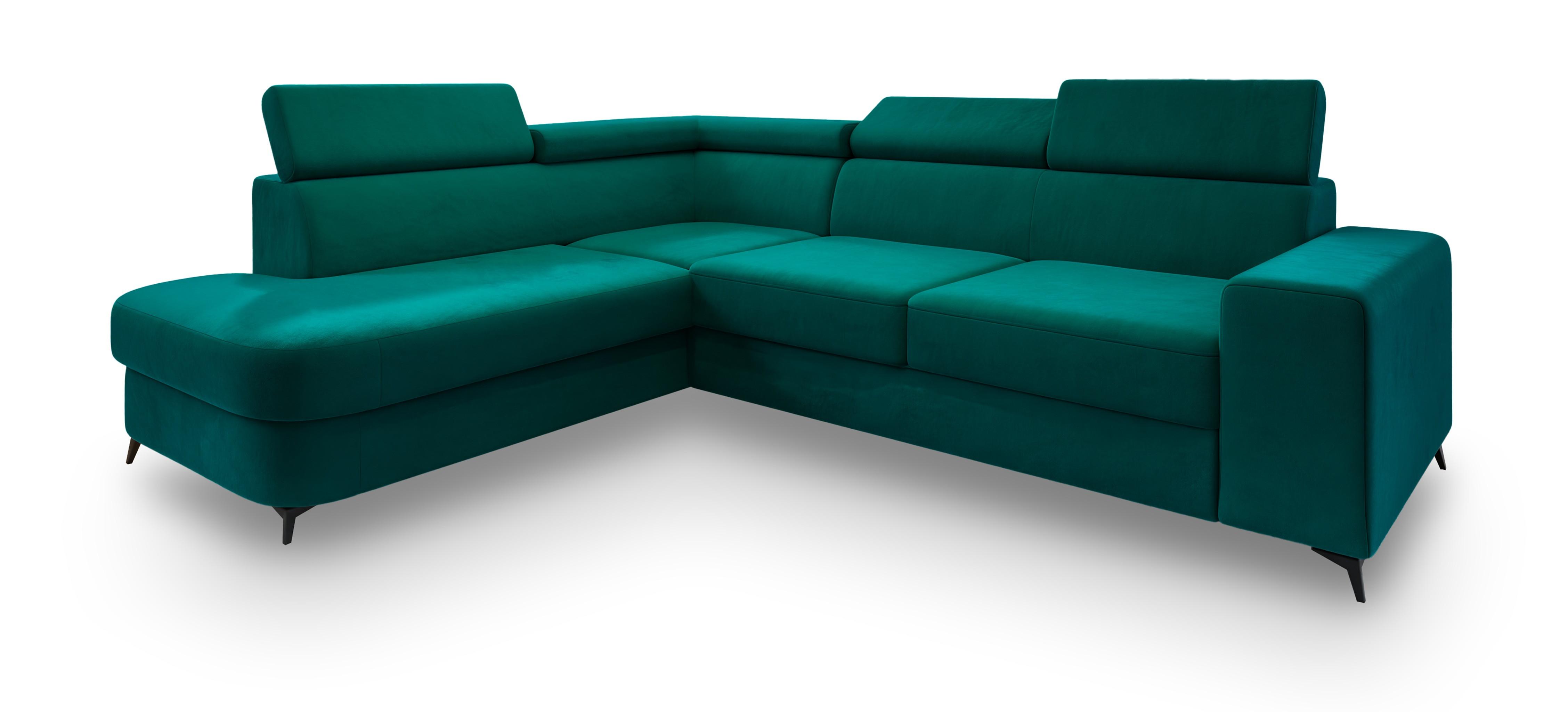 ECKSOFA ALVORO L-S Blau Velours-Stoff mit Schlaffunktion - Blau, Holz (253/190cm) - MASSENO