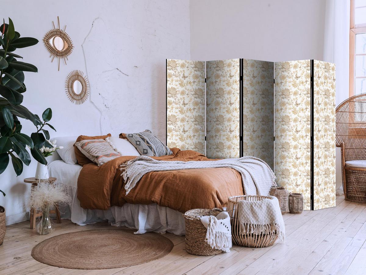 PARAVENT Beidseitig Bedruckter 5-tlg 225x172 cm Chrysanthemen und Schmetterlinge - Braun, Holz/Textil (225/172/3cm) - Muralo