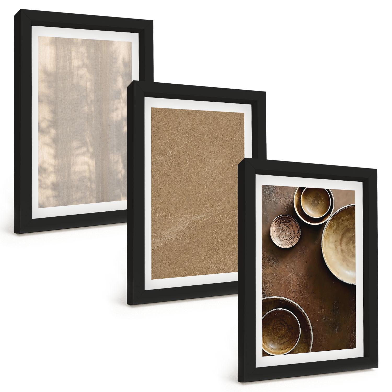 BILDER SET 3er Set - 20x30 cm Schwarzer Rahmen - Minimalistische Texturstrukturen - Schwarz, Kunststoff (20/30cm) - TULUP