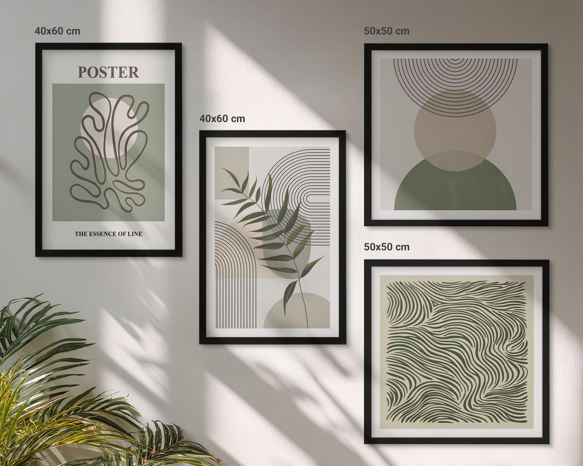 BILDER SET 4er Set - 50x50 cm & 40x60 cm Schwarzer Rahmen - Geometrische botanische Muster - Schwarz, Kunststoff (50/50cm) - TULUP