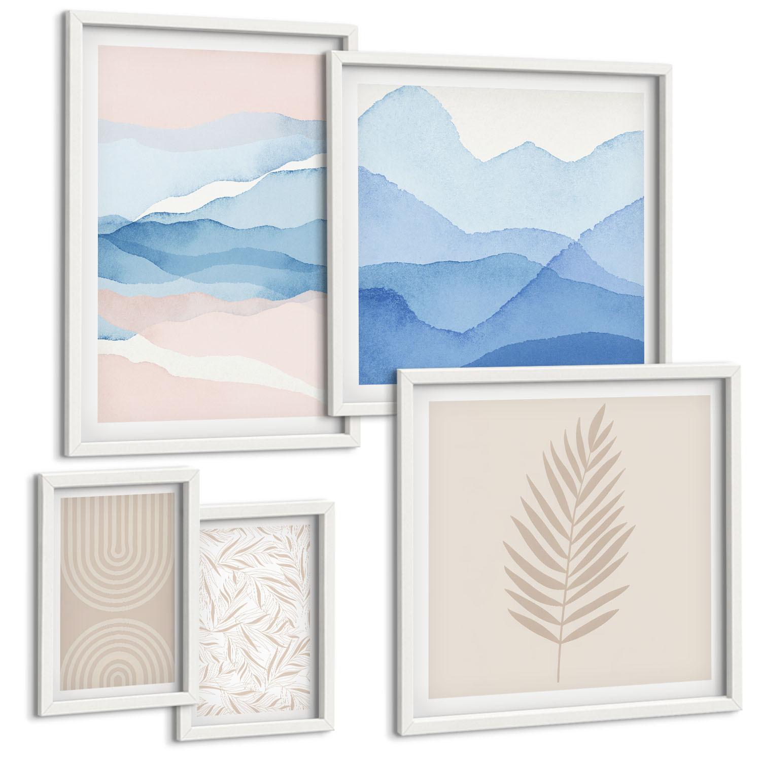 BILDER SET 5er Set - 50x50 cm & 20x30 cm & 40x60 cm Weißer Rahmen - Blätterwellen beige blau - Weiß, Kunststoff (40/60cm) - TULUP