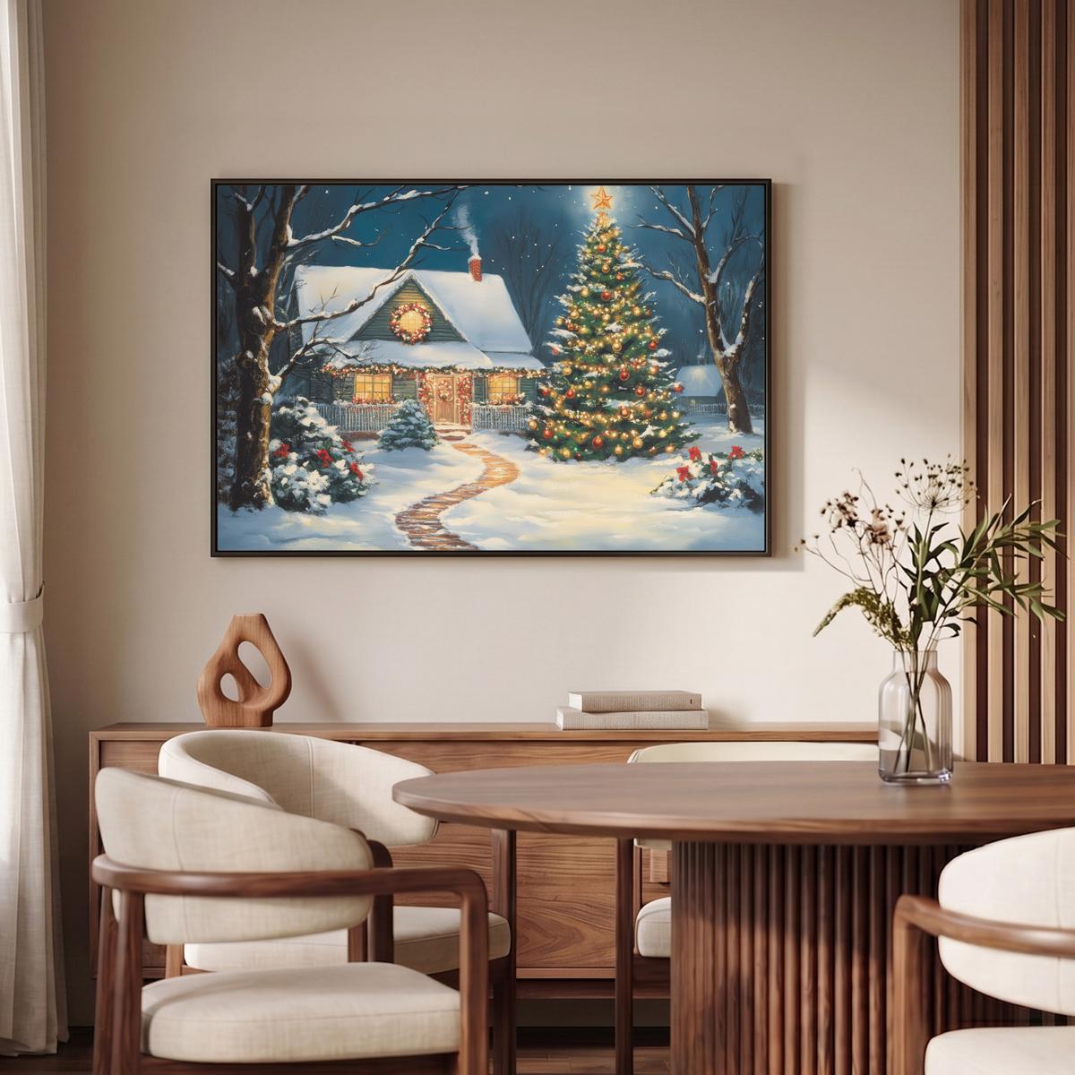 LEINWAND Bilder mit Rahmen - Weihnachten - Weihnachtsbaum - Winter - Zuhause - Schnee - 90x60 - Smaragdgrün, Textil (90/60cm) - MuchoWow
