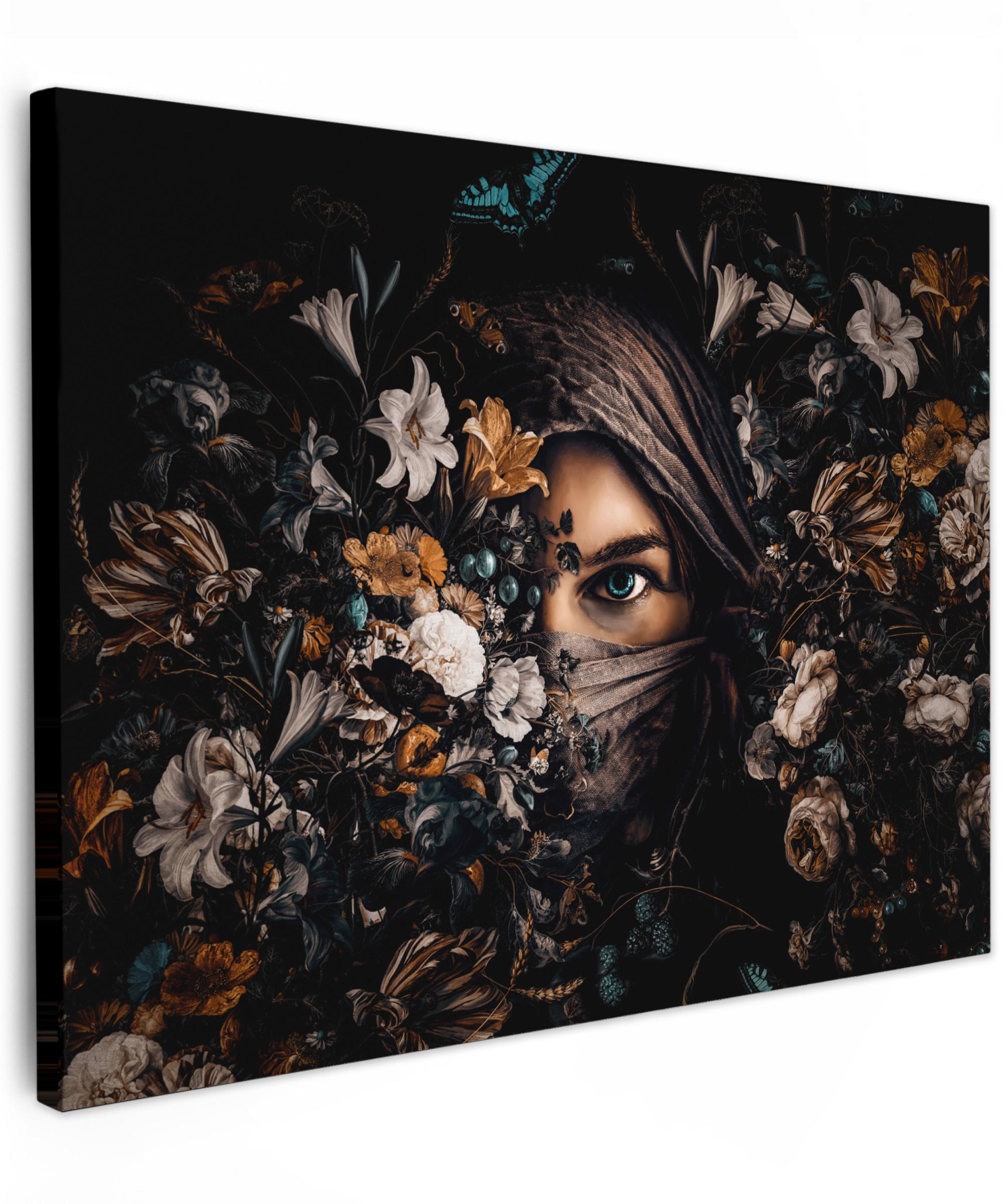 LEINWANDBILD Frau - Luxus - Blumen - Schmetterling - Porträt Wandbild 40x30 cm - Schwarz, Textil (40/30cm) - MuchoWow