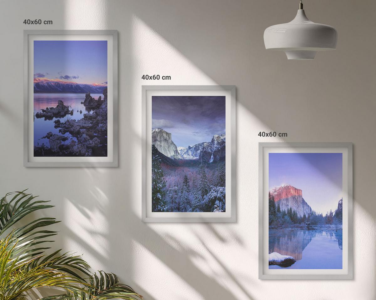 BILDER SET 3er Set - 40x60 cm Silberner Rahmen - Berglandschaften, Sonnenuntergang, Wasser - Silberfarben, Kunststoff (40/60cm) - TULUP
