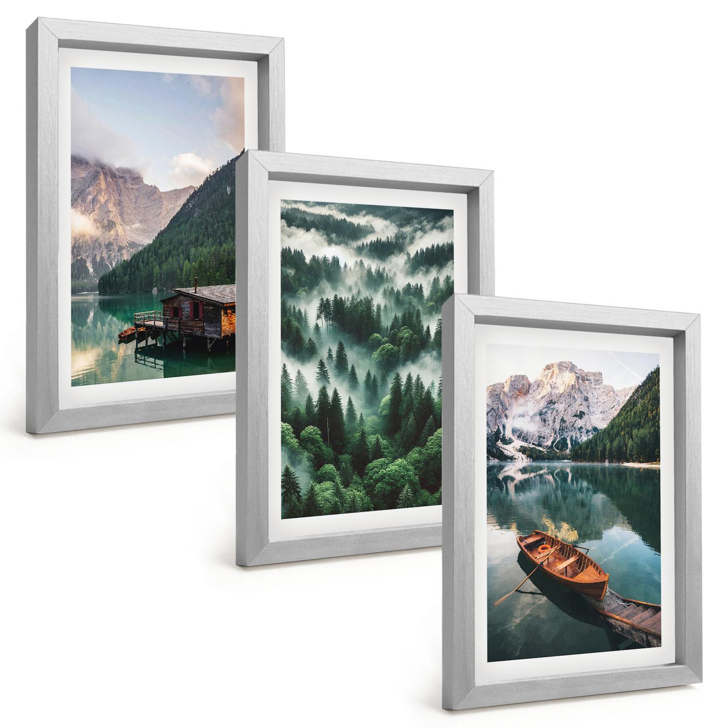BILDER SET 3er Set - 20x30 cm Silberner Rahmen - Bergsee, Boot, Waldnebel - Silberfarben, Kunststoff (20/30cm) - TULUP