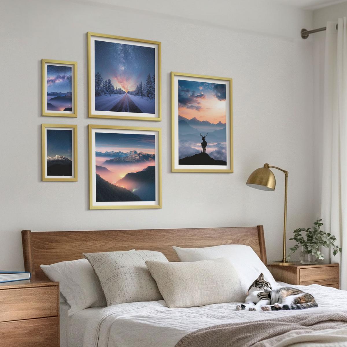 BILDER SET 5er Set - 50x50 cm & 20x30 cm & 40x60 cm Goldrahmen - Nachthimmel Berge Nebel Hirsch - Goldfarben, Kunststoff (40/60cm) - TULUP