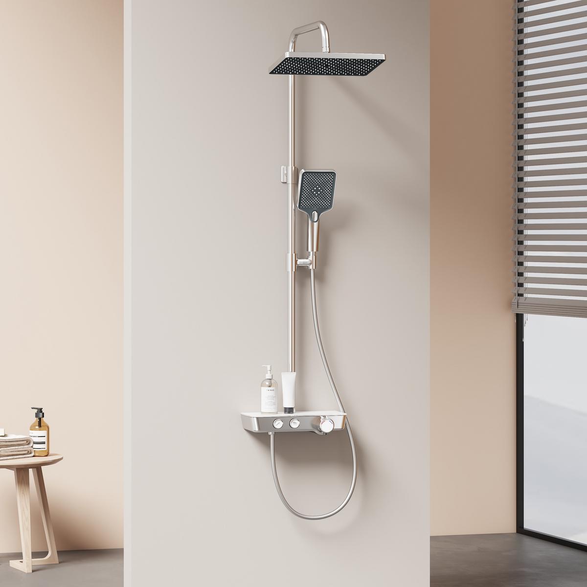 ÜBERKOPFBRAUSESET mit Thermostat, Kopfbrause und 3 Strahlarten Handbrause, Chrom, 114,2/30,3/46 cm - Chromfarben, Metall (30.3/114.2/46cm) - EMKE