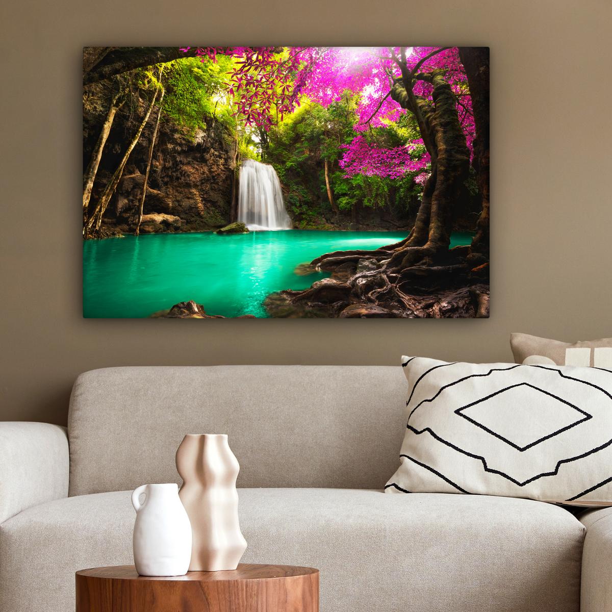 LEINWANDBILD Wasserfall mit bunten Blumen und Bäumen - Natur - Dschungel Gemälde 60x40 cm - Waldgrün, Textil (60/40cm) - MuchoWow