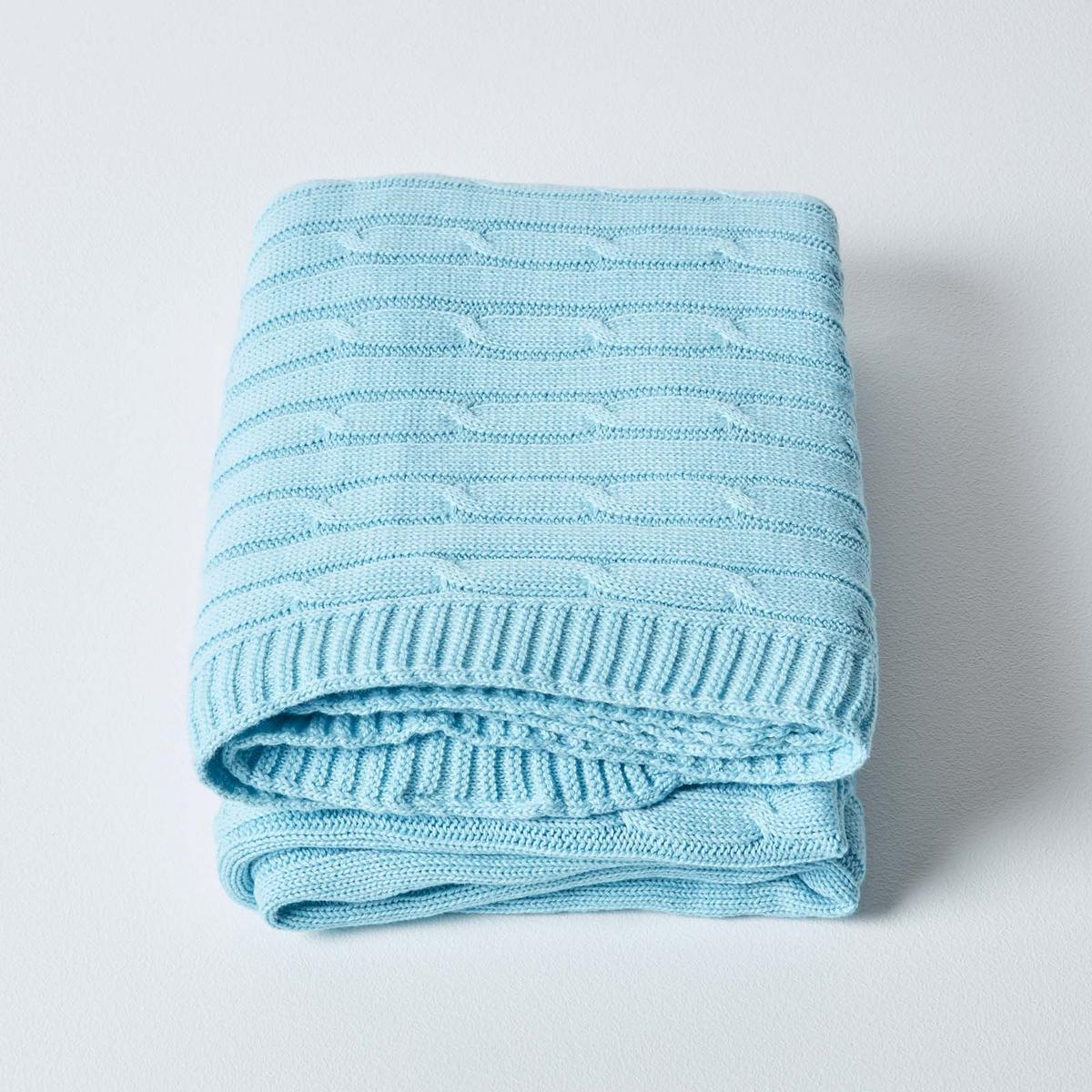 STRICKDECKE 130/170 cm, Baumwolle mit Zopfmuster - Hellblau, Textil (130/170cm) - Homescapes