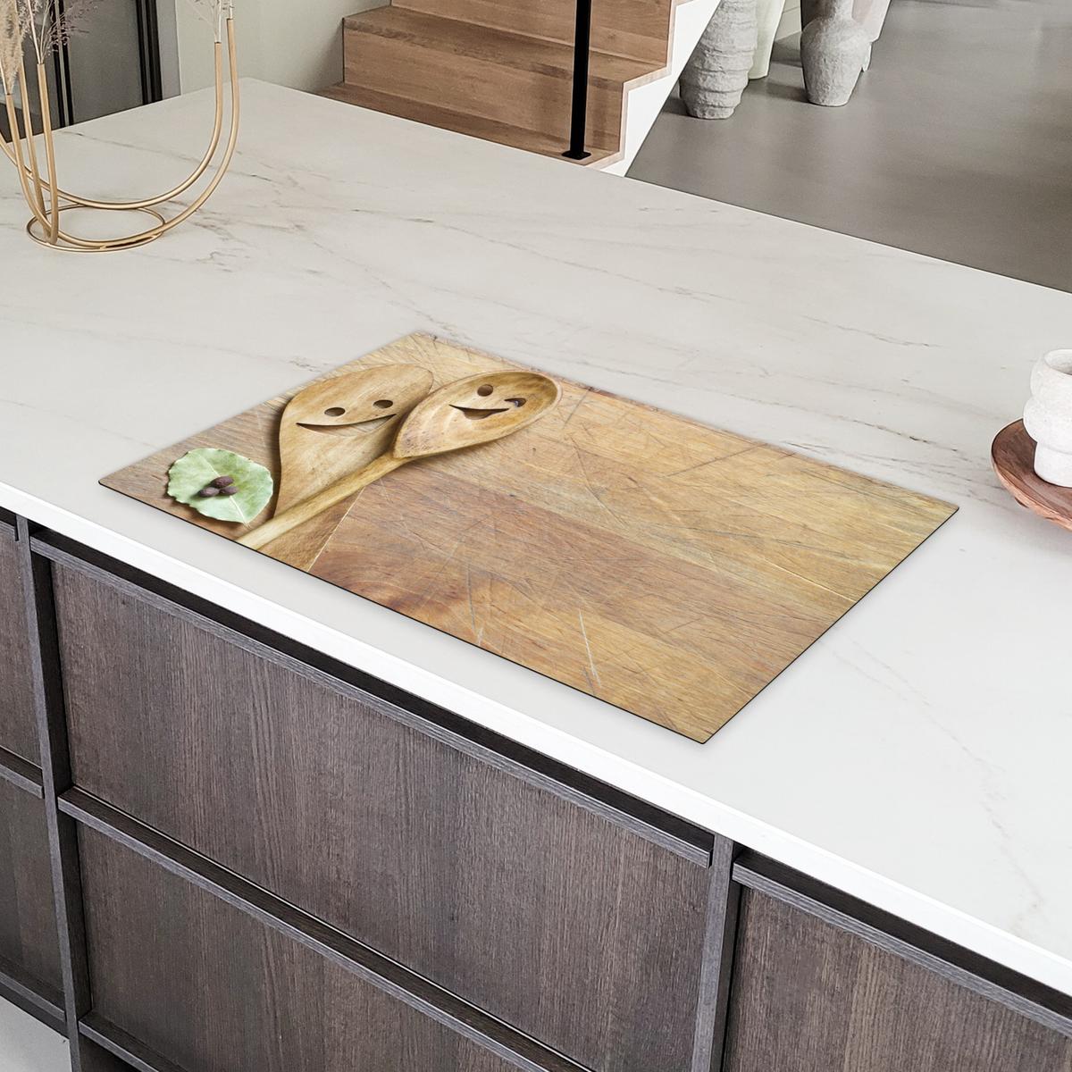 HERDABDECKPLATTE Holz - Löffel - Braun - Smiley Ceranfeldabdeckung 85x52 cm - Hellbraun, Kunststoff (85/52/0.2cm) - MuchoWow